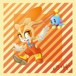 Size: 1280x1280 | Tagged: safe, artist:rawn89, cheese (chao), cream the rabbit, chao, rabbit, arms out, child, flying, gloves, looking at each other, mouth open, neutral chao, running, shoes, signature, socks, solo, striped background