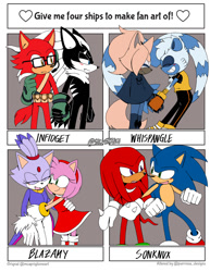 Size: 927x1200 | Tagged: safe, artist:silvermun, amy rose, blaze the cat, gadget the wolf, infinite the jackal, knuckles the echidna, sonic the hedgehog, tangle the lemur, whisper the wolf, cat, echidna, hedgehog, jackal, lemur, wolf, amy x blaze, gay, group, heart, holding hands, knuxonic, lesbian, panels, rookinite, shipping, standing, tangle x whisper