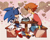 Size: 900x727 | Tagged: safe, artist:krsnprpr, chris thorndyke, sonic the hedgehog, hedgehog, abstract background, blushing, chair, chrisonic, date, duo, eyes closed, gay, gloves, heart, hearts, looking at them, mouth open, napkin, shipping, shoes, signature, sitting, socks, sonic x, table