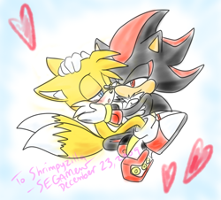 Size: 674x608 | Tagged: safe, artist:segamew, miles "tails" prower, shadow the hedgehog, fox, hedgehog, abstract background, blushing, duo, gay, gloves, hand on head, hearts, hugging, lidded eyes, mouth open, shadails, shipping, shoes, smile, socks
