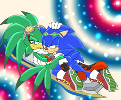 Size: 920x759 | Tagged: safe, artist:angelofhapiness, jet the hawk, sonic the hedgehog, bird, hedgehog, blushing, boots, duo, extreme gear, gay, gloves, goggles, hand on head, hawk, hugging, lidded eyes, looking at viewer, lying back, lying down, shipping, shoes, smile, socks, sonic riders, sonjet, sunglasses