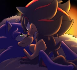 Size: 920x828 | Tagged: safe, artist:angelofhapiness, shadow the hedgehog, sonic the hedgehog, hedgehog, barefoot, bed, fire place, gay, gloves off, holding them, indoors, lidded eyes, looking at each other, lying back, lying down, nighttime, shadow x sonic, shipping, shoes off, smile, socks off