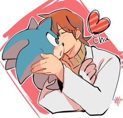 Size: 1813x1738 | Tagged: safe, artist:krsnprpr, chris thorndyke, sonic the hedgehog, hedgehog, human, abstract background, aged up, blushing, chrisonic, chu, coat, deviantart watermark, duo, eyes closed, gay, heart, holding them, kiss, kiss on cheek, shipping, shocked, watermark
