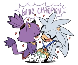 Size: 1044x879 | Tagged: safe, artist:giugabs, blaze the cat, silver the hedgehog, cat, hedgehog, blushing, duo, english text, eyes closed, heart, hearts, holding hands, kiss, medal, mouth open, shipping, silvaze, simple background, smile, standing, straight, white background