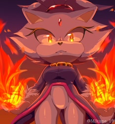 Size: 1278x1369 | Tagged: safe, artist:mikune_19, blaze the cat, cat, blaze's tailcoat, fire, from below, looking at viewer, solo