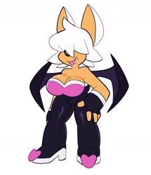 Size: 1410x1638 | Tagged: safe, artist:monamania_, rouge the bat, bat, alternate hairstyle, bangs, cleavage, hair over eyes, one fang, redesign, rouge's heart top, simple background, smile, solo, standing, white background