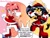 Size: 2000x1500 | Tagged: safe, artist:araeofdrawings, amy rose, honey the cat, cat, hedgehog, sonic the hedgehog 268 (archie), amy's halterneck dress, blushing, dialogue, duo, english text, hearts, mouth open, one eye closed, redraw, smile, sparkles, speech bubble, standing on one leg, star (sky), star (symbol), wagging tail, wink