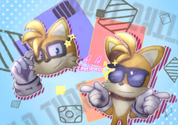 Size: 712x500 | Tagged: safe, artist:onechanart, miles "tails" prower, fox, abstract background, glasses, parent:tails, pointing, signature, smile, solo, sparkles, standing, star (symbol), sunglasses, tails tube