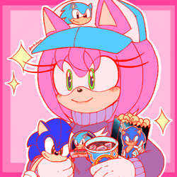 Size: 512x512 | Tagged: safe, artist:mikudecora, amy rose, sonic the hedgehog, hedgehog, abstract background, alternate outfit, blushing, character doll, cup, drink, food, happy, hat, holding something, popcorn, signature, smile, solo, sparkles