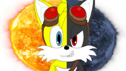 Size: 1192x670 | Tagged: safe, artist:alvinadchipmunk, miles "tails" prower, fox, fanfic:dark tails unleashed, dark form, dark tails, every tail has two sides, evil, evil grin, evil tails, evil vs good, fanfiction art, goggles, red eyes, simple background, smile, solo, sonic boom (tv), sun, two sides, white background