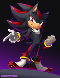 Size: 880x1137 | Tagged: safe, artist:scarletopalite, shadow the hedgehog, hedgehog, clenched fist, frown, gloves, gradient background, looking at viewer, pointing, shoes, solo, standing