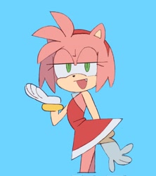 Size: 910x1024 | Tagged: safe, artist:beararms, amy rose, hedgehog, amy's halterneck dress, blue background, lidded eyes, looking at viewer, mouth open, one fang, simple background, smile, solo, standing