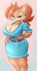 Size: 1300x2490 | Tagged: suggestive, artist:kiseff, sally acorn, chipmunk, busty sally, cleavage, dress, necklace, solo