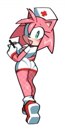 Size: 610x1154 | Tagged: suggestive, artist:fiinelrush, amy rose, hedgehog, bootyfull amy, looking back, nurse outfit, simple background, solo, white background