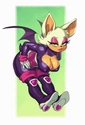 Size: 1600x2353 | Tagged: suggestive, artist:rizdraws, rouge the bat, bat, sonic heroes, bending over, busty rouge, elite agent outfit, solo
