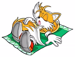 Size: 2048x1560 | Tagged: safe, artist:yuji uekawa, miles "tails" prower, fox, blanket, holding tail, lying down, official artwork, simple background, sleeping, solo, white background