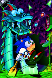 Size: 800x1200 | Tagged: safe, artist:rikdraws, rexxon, sonic the hedgehog, hedgehog, sonic spinball, duo, flipper, robot, toxic caves