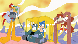 Size: 1920x1080 | Tagged: safe, artist:moondancer0x, grounder, miles "tails" prower, scratch, sonic the hedgehog, bird, fox, hedgehog, adventures of sonic the hedgehog, cage, chicken, daytime, robot, stocks, style emulation, telephone