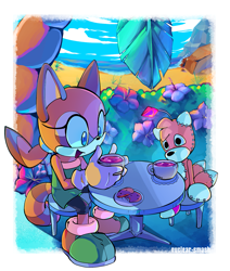 Size: 1327x1563 | Tagged: safe, artist:nuclearsmash, marine the raccoon, tails doll, raccoon, sonic r, child, cookie, daytime, duo, flower, palm tree, tea
