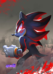 Size: 1219x1700 | Tagged: semi-grimdark, artist:mmishee, shadow the hedgehog, hedgehog, blood, cityscape, cover art, looking back, red eyes, solo