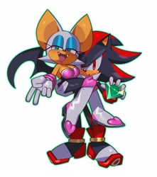 Size: 2346x2659 | Tagged: safe, artist:fiinelrush, rouge the bat, shadow the hedgehog, bat, hedgehog, carrying them, chaos emerald, duo, looking at viewer, outline, simple background, white background