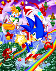 Size: 700x894 | Tagged: safe, artist:may shing, knuckles the echidna, miles "tails" prower, sonic the hedgehog, echidna, fox, hedgehog, christmas, christmas nights into dreams, christmas outfit, christmas tree, group, nightmaren, nightopian, nights, nights into dreams, star (symbol)