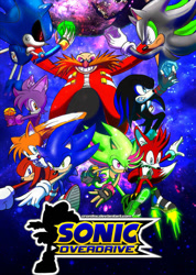 Size: 600x842 | Tagged: safe, artist:may shing, knuckles the echidna, metal sonic, miles "tails" prower, robotnik, sonic the hedgehog, oc, echidna, fox, hedgehog, human, comic:sonic overdrive, chaos emerald, comic cover, group, robot, unknown oc, unknown species