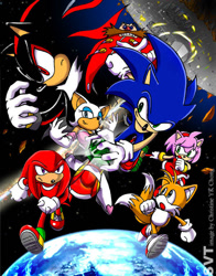 Size: 600x767 | Tagged: safe, artist:may shing, amy rose, knuckles the echidna, miles "tails" prower, robotnik, rouge the bat, shadow the hedgehog, sonic the hedgehog, bat, echidna, fox, hedgehog, human, sonic adventure 2, chaos emerald, group, space colony ark