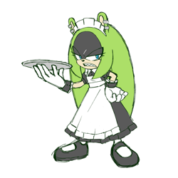 Size: 2000x2000 | Tagged: safe, artist:ch_3rry_, surge the tenrec, tenrec, alternate hairstyle, alternate outfit, annoyed, dress, earring, eyelashes, female, frown, gloves, hand on hip, holding something, looking at viewer, maid outfit, plate, shoes, simple background, solo, white background