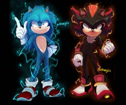 Size: 1272x1071 | Tagged: safe, artist:sethwijez, shadow the hedgehog, sonic the hedgehog, hedgehog, sonic the hedgehog 2 (2022), black background, duo, electricity, simple background
