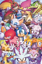 Size: 2698x4096 | Tagged: safe, artist:evan stanley, amy rose, belle the tinkerer, blaze the cat, charmy bee, cream the rabbit, e-123 omega, espio the chameleon, gemerl, jewel the beetle, knuckles the echidna, miles "tails" prower, rouge the bat, shadow the hedgehog, silver the hedgehog, sonic the hedgehog, tangle the lemur, vector the crocodile, whisper the wolf, wisp, sonic the hedgehog 50 (idw), chaos emerald, cover art, everyone is here, group
