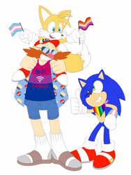 Size: 3000x4000 | Tagged: dead source, safe, artist:raadwolvesart, miles "tails" prower, robotnik, sonic the hedgehog, fox, hedgehog, human, bisexual pride, clenched teeth, flag, gay pride, gloves, headcanon, holding something, lesbian pride, looking at each other, looking at them, mouth open, pride, riding on shoulders, shoes, simple background, smile, socks, standing, thumbs up, trans boy sonic, trans female, trans girl tails, trans male, trans pride, transgender, trio, white background, wink