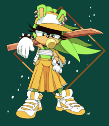 Size: 1767x2048 | Tagged: safe, artist:adam bryce thomas, surge the tenrec, tenrec, abstract background, alternate hairstyle, alternate outfit, bandage, bokken, bubblegum, cap, earring, eyelashes, female, gloves, hand on hip, hat, jacket, looking at viewer, shoes, signature, skirt, solo, spiked bracelet, sword