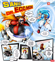 Size: 2217x2500 | Tagged: suggestive, artist:witchking00, robotnik, sonic the hedgehog, human, big red button, busty robotnik, comic, dialogue, eggmobile, gender swap, humanized, hyper breasts