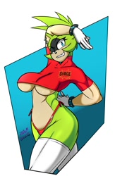 Size: 1300x2000 | Tagged: suggestive, artist:randomgloves, surge the tenrec, tenrec, busty surge, looking at viewer, solo, surge (soda), underboob