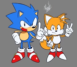 Size: 1046x904 | Tagged: safe, artist:rayxter5, sonic ova, miles "tails" prower, sonic the hedgehog, fox, hedgehog, sonic the ova, duo, grey background, mania style, redraw, simple background, v sign, wagging finger