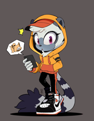 Size: 1258x1627 | Tagged: safe, artist:hikariviny, tangle the lemur, whisper the wolf, lemur, alternate outfit, cap, cellphone, chest fluff, eyelashes, female, grey background, hand in pocket, hat, holding something, hoodie, looking at viewer, nike, shoes, signature, simple background, solo, speech bubble