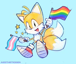 Size: 1769x1495 | Tagged: safe, artist:aestheticden, miles "tails" prower, fox, blue background, flag, gay pride, pride, simple background, trans pride