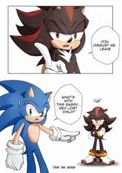 Size: 2866x4047 | Tagged: safe, artist:eve_the_jackal, shadow the hedgehog, sonic the hedgehog, hedgehog, arms folded, dialogue, duo, meme, pointing, simple background, what's with this sassy lost child, white background