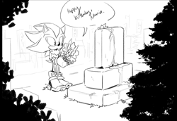 Size: 680x469 | Tagged: safe, artist:gigid_sonic, shadow the hedgehog, hedgehog, dialogue, flower, gravestone, graveyard, implied maria, simple background, solo, white background