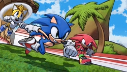Size: 2032x1143 | Tagged: safe, artist:tighesam, knuckles the echidna, miles "tails" prower, sonic the hedgehog, echidna, fox, hedgehog, sonic heroes, blue shoes, clouds, daytime, loop, palm tree, seaside hill, team sonic, trio