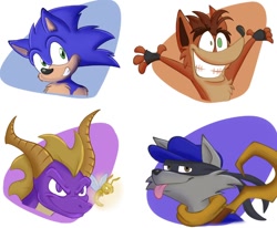 Size: 956x788 | Tagged: safe, artist:themonsterlord, sonic the hedgehog, hedgehog, raccoon, bandicoot, crash bandicoot, crossover, dragon, dragonfly, sly cooper, sparx the dragonfly, spyro the dragon, tongue out