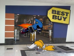 Size: 2048x1541 | Tagged: safe, artist:navusare, metal sonic, miles "tails" prower, fox, duo, meme, robot, sonic characters walking into stores, stealing