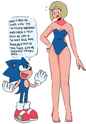 Size: 859x1234 | Tagged: safe, artist:aipiepo, pool girls, sonic the hedgehog, human, sonic adventure, dialogue, duo, simple background, standing, white background