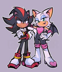 Size: 1777x2048 | Tagged: safe, artist:kaspurr, rouge the bat, shadow the hedgehog, bat, hedgehog, duo, grey background, looking at viewer, outline, rouge's heart top, simple background, standing