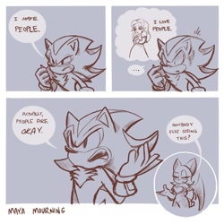 Size: 1200x1200 | Tagged: safe, artist:mayamourning, maria robotnik, rouge the bat, shadow the hedgehog, bat, hedgehog, human, ..., angry, comic, dialogue, duo, monochrome, rouge's heart top, thought bubble
