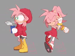 Size: 2000x1499 | Tagged: safe, artist:kaiiteaa, amy rose, hedgehog, amy's halterneck dress, cup, duality, eyes closed, grey background, hat, holding something, looking offscreen, raincoat, simple background, solo, standing