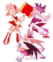 Size: 1400x1633 | Tagged: safe, artist:pigupigu, amy rose, blaze the cat, rouge the bat, bat, cat, hedgehog, amy's halterneck dress, blaze's tailcoat, hand on own arm, hand up, holding something, mouth open, piko piko hammer, rouge's heart top, simple background, trio, white background