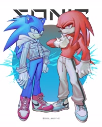 Size: 2518x3147 | Tagged: safe, artist:qq_sonic, knuckles the echidna, sonic the hedgehog, echidna, hedgehog, abstract background, airpods, alternate outfit, clenched fist, duo, earbuds, frown, jacket, looking at viewer, nike, pants, smile, standing