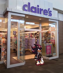 Size: 1772x2048 | Tagged: safe, artist:amasc0met, shadow the hedgehog, hedgehog, backpack, bag, bracelet, holding something, mastectomy scar, shop, solo, sonic characters walking into stores, standing, storefront, sunglasses